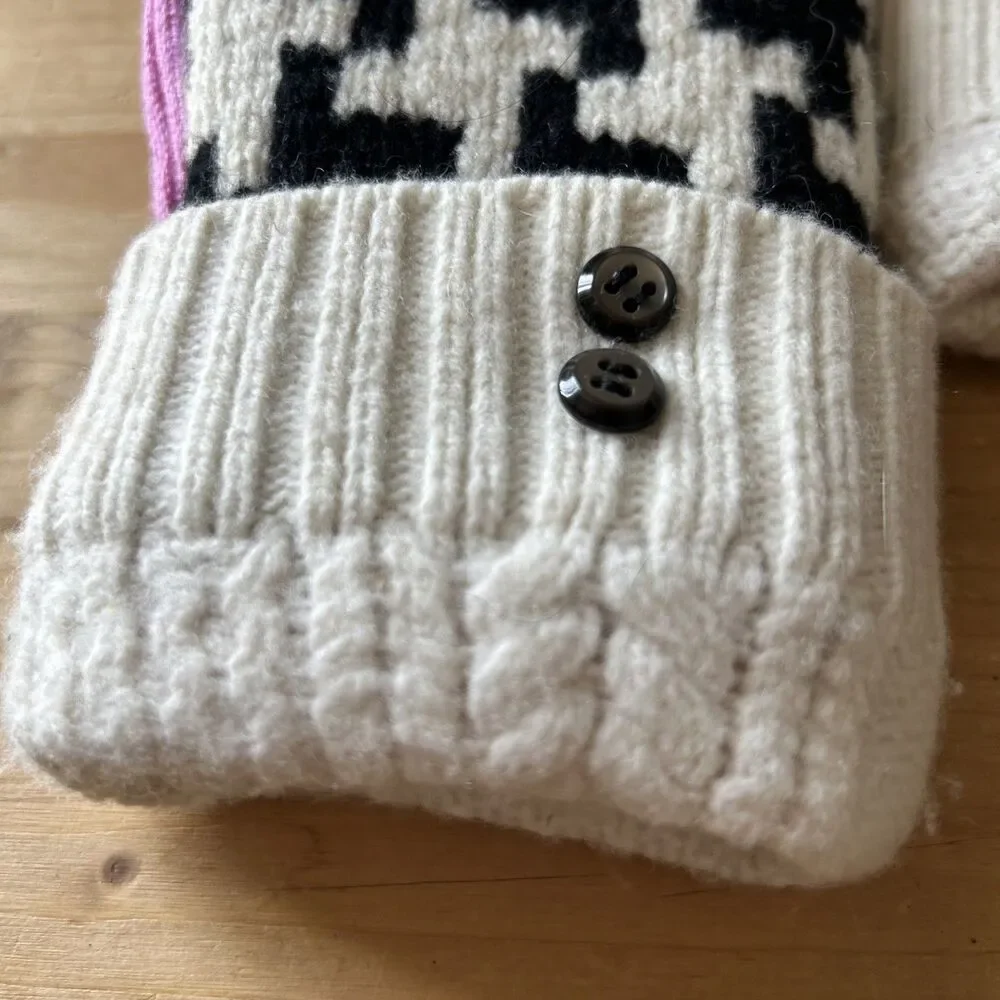 Upcycled Sweater Mittens Houndstooth Check & Pink Fleece Lined Knit Mitts Sz L